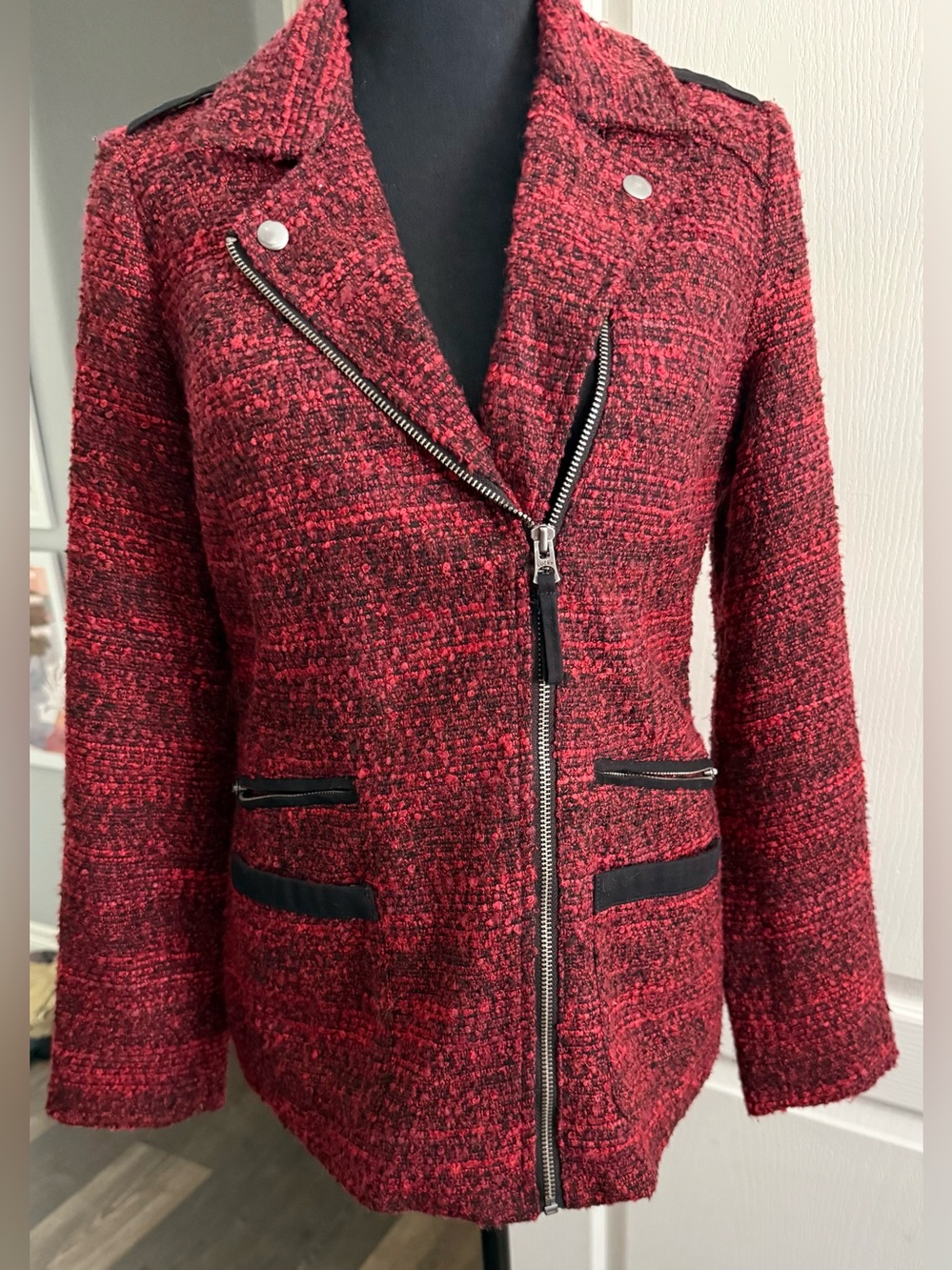 Lucky Brand Red Tweed Zip Moto Jacket XS